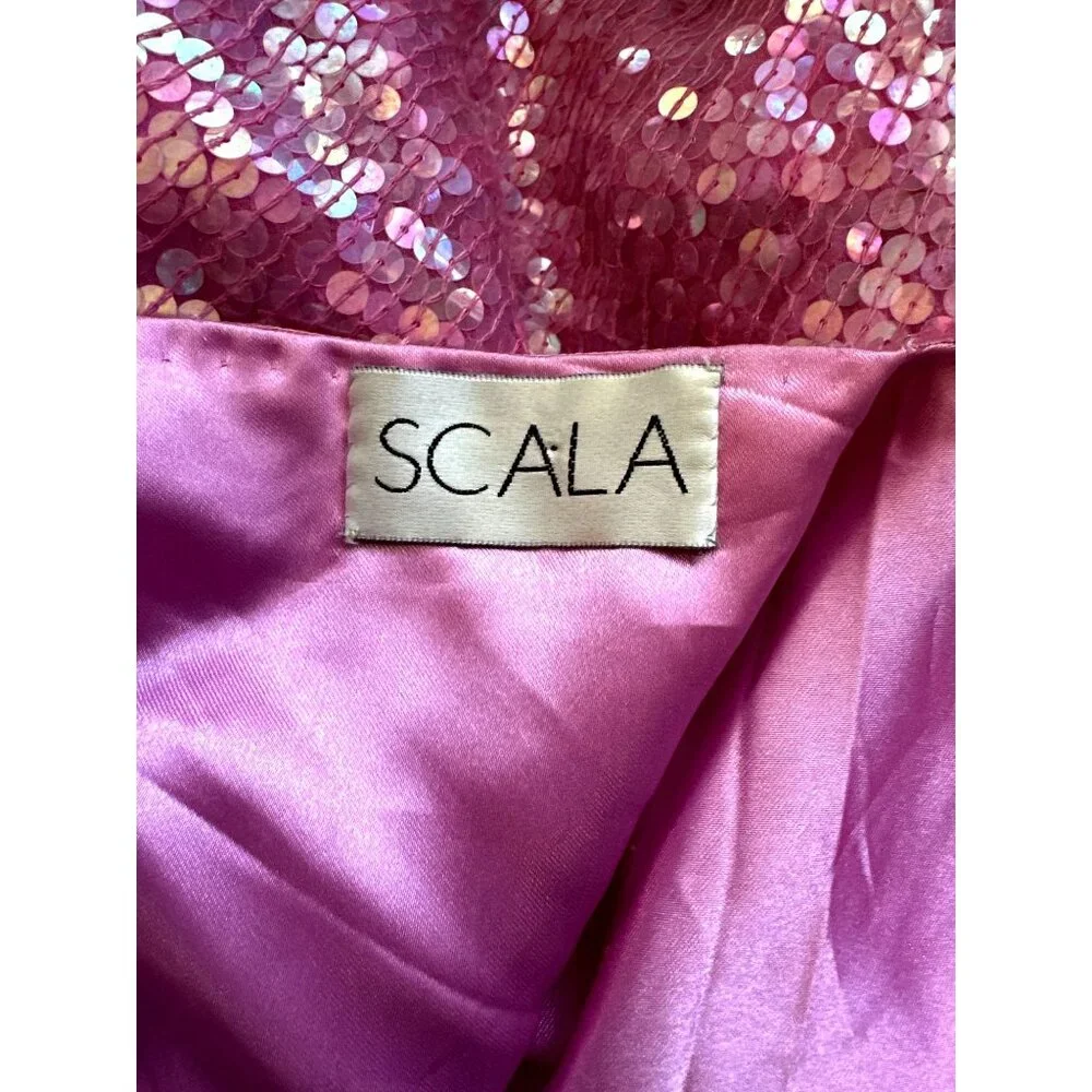 Scala Small Pink Silk Sequin Bias Cut Gown V Back Barbiecore Y2K Vintage Evening - Picture 7 of 11